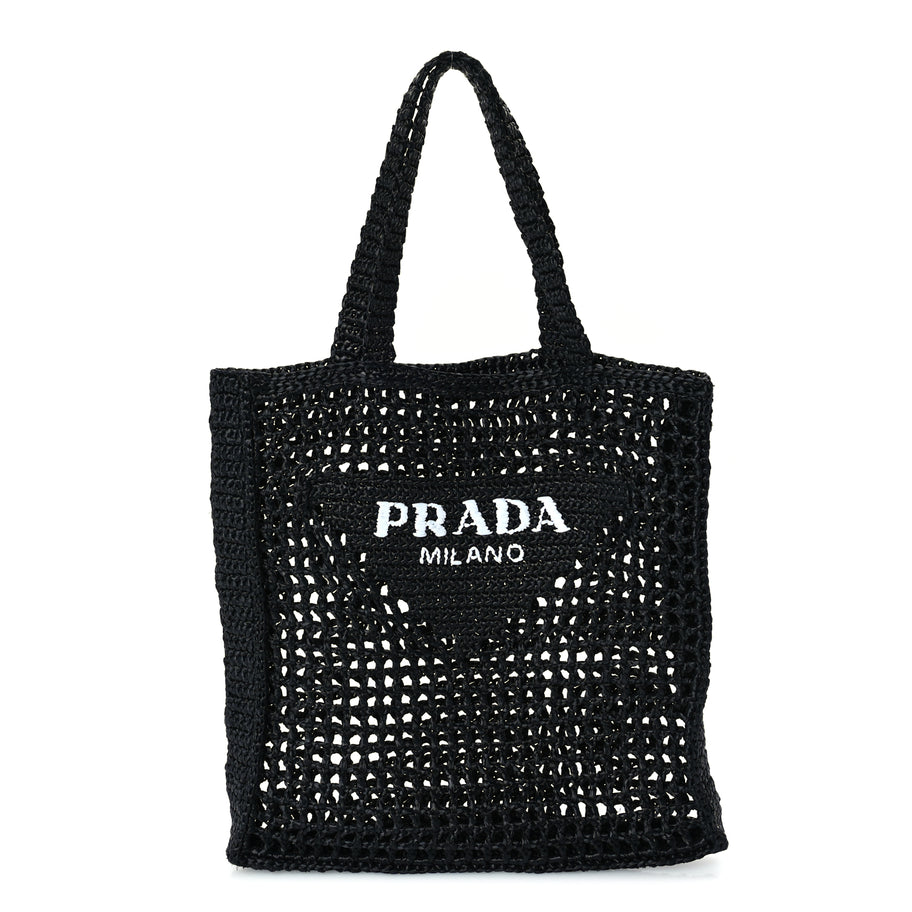 Prada Yarn Raffia Effect Crochet Logo Embroidered Tote Bag  Black Image 1