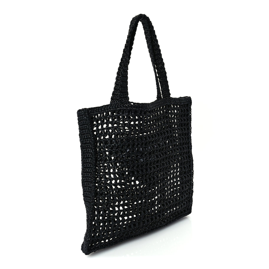 Prada Yarn Raffia Effect Crochet Logo Embroidered Tote Bag  Black Image 2
