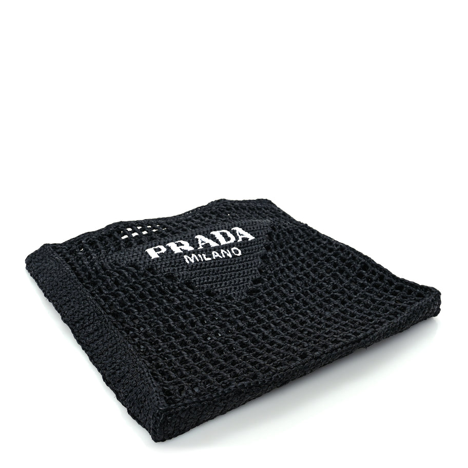 Prada Yarn Raffia Effect Crochet Logo Embroidered Tote Bag  Black Image 3