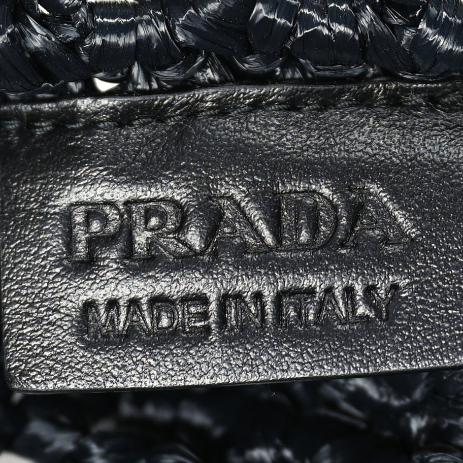 Prada Yarn Raffia Effect Crochet Logo Embroidered Tote Bag  Black Image 5