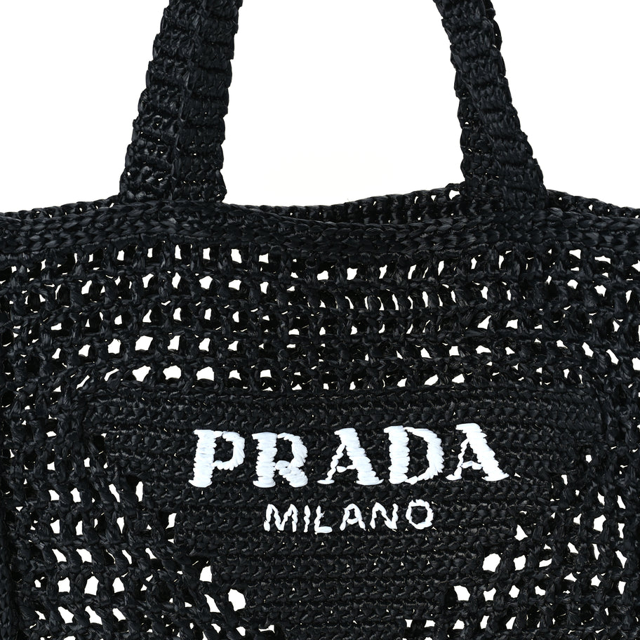 Prada Yarn Raffia Effect Crochet Logo Embroidered Tote Bag  Black Image 6