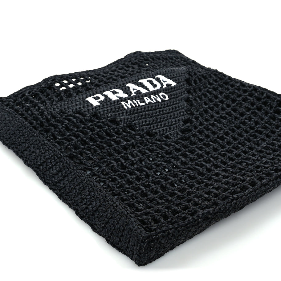 Prada Yarn Raffia Effect Crochet Logo Embroidered Tote Bag  Black Image 7