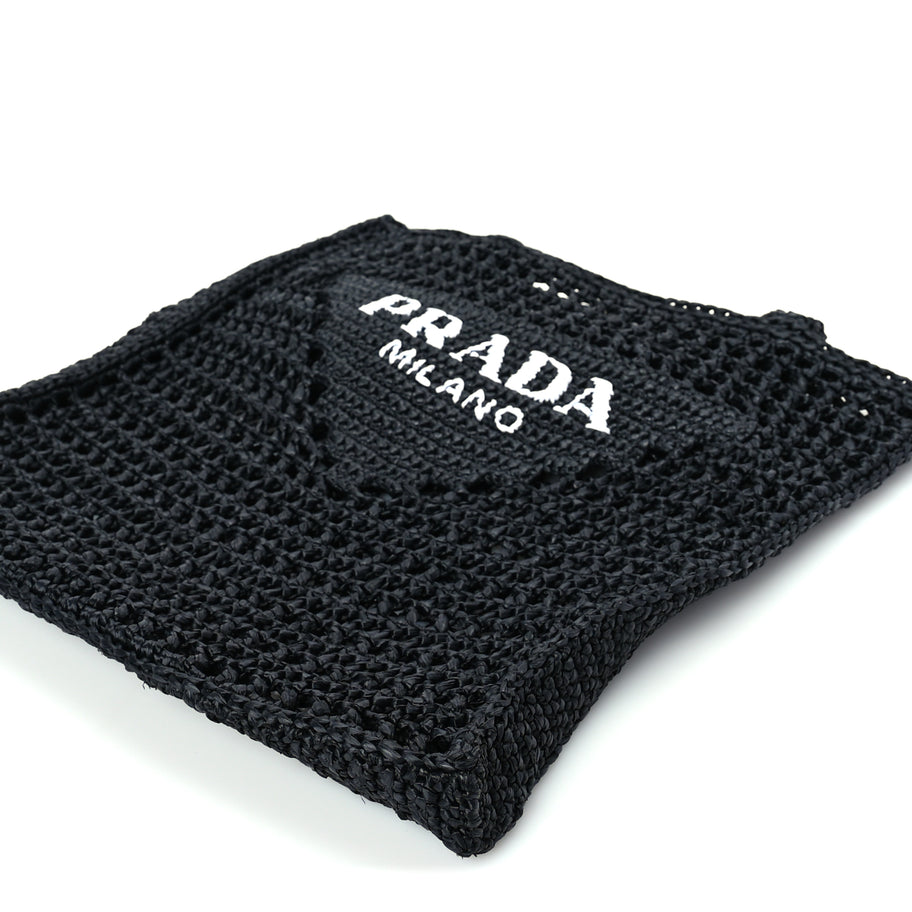 Prada Yarn Raffia Effect Crochet Logo Embroidered Tote Bag  Black Image 8
