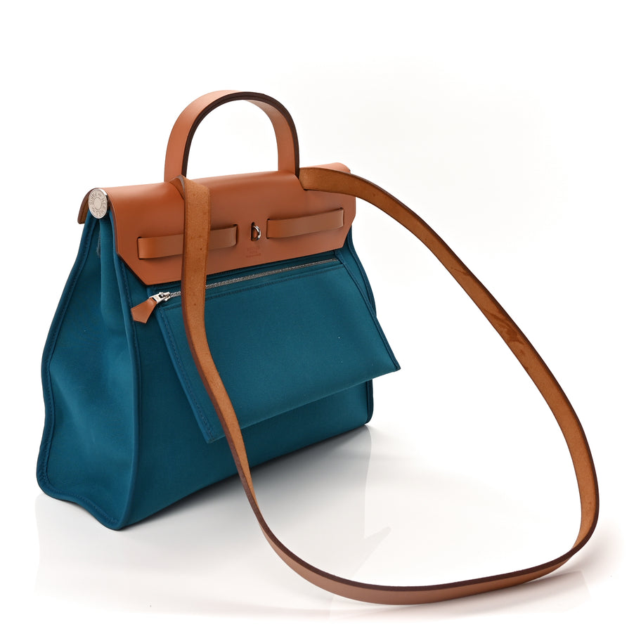 Hermes Toile Officier Vache Hunter Herbag Zip PM 31 Bleu Izmir Fauve Image 3