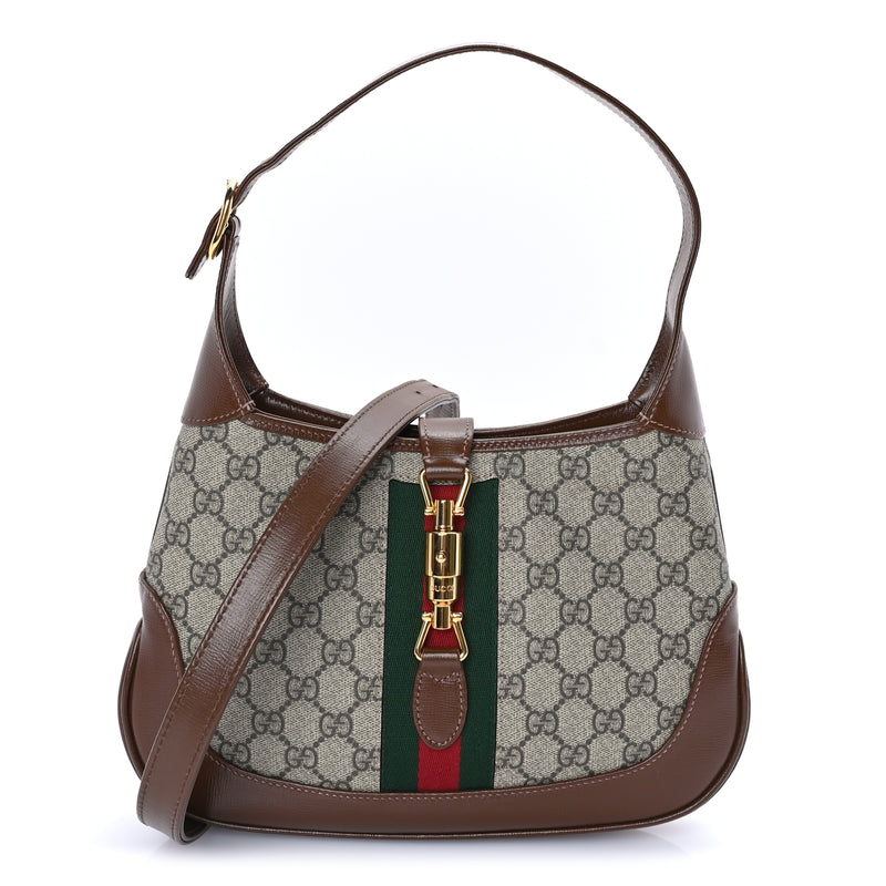  Gucci GG Supreme Monogram Azalea Calfskin Web Small Jackie 1961 Hobo Beige Ebony Brown Sugar