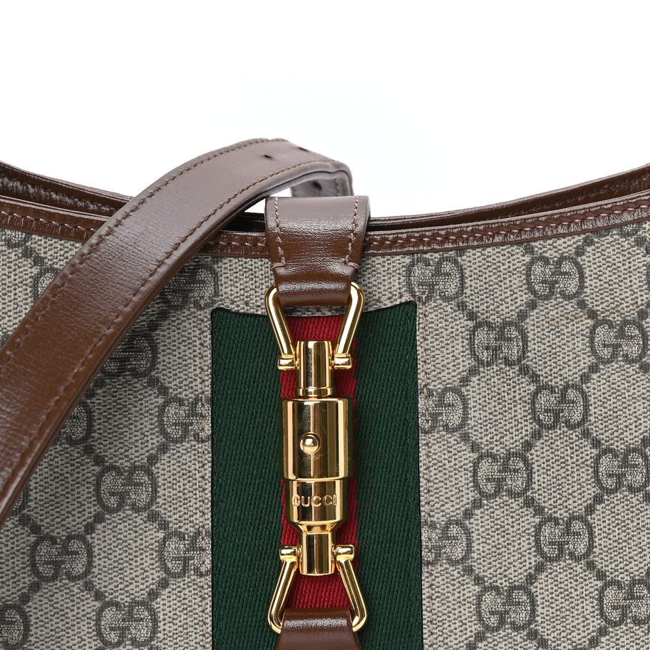 Gucci GG Supreme Monogram Azalea Calfskin Web Small Jackie 1961 Hobo Beige Ebony Brown Sugar Image 6