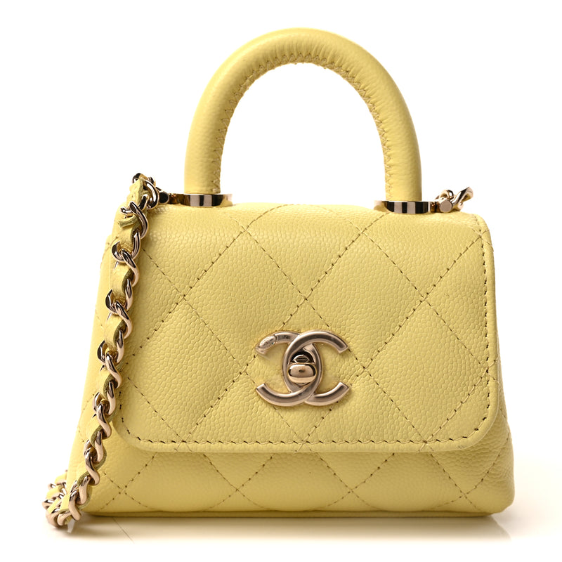  Chanel Caviar Quilted Nano Coco Handle Clutch With Chain Yellow