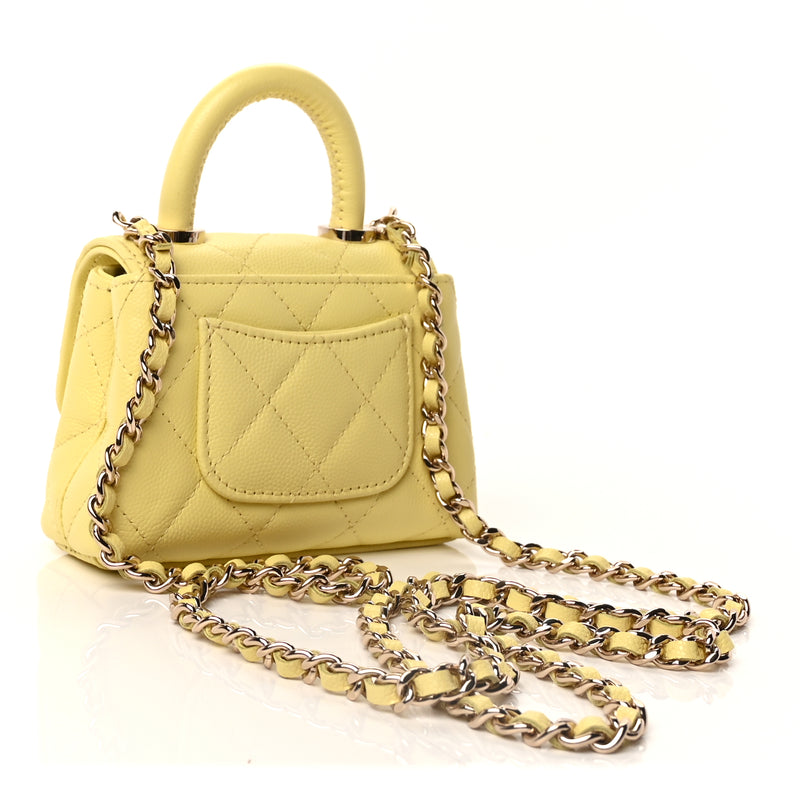  Chanel Caviar Quilted Nano Coco Handle Clutch With Chain Yellow