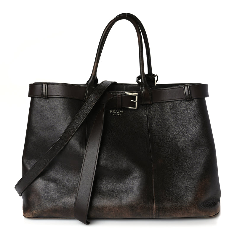  Prada Nappa Vintage Effect Large Buckle Bag With Belt Dark Brown