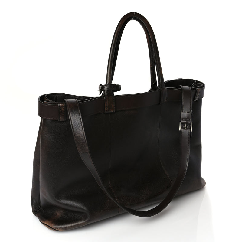  Prada Nappa Vintage Effect Large Buckle Bag With Belt Dark Brown