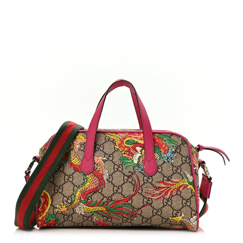  Gucci GG Supreme Monogram Web Textured Dollar Calfskin Dragon Bowling Bag Pink