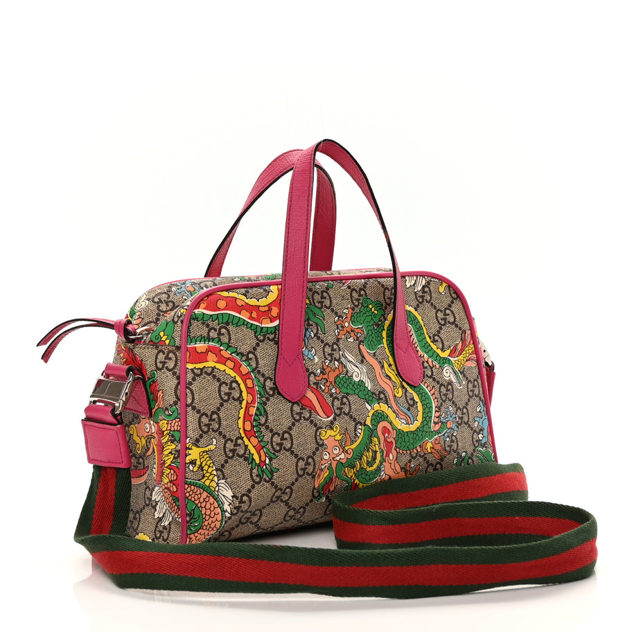 Gucci GG Supreme Monogram Web Textured Dollar Calfskin Dragon Bowling Bag Pink Image 2