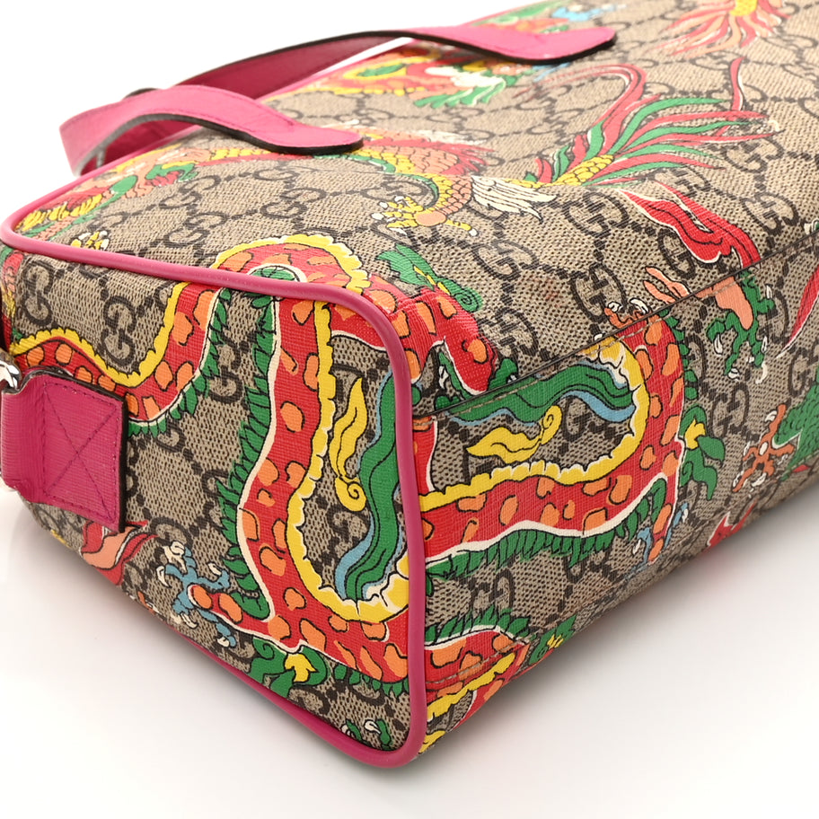 Gucci GG Supreme Monogram Web Textured Dollar Calfskin Dragon Bowling Bag Pink Image 7