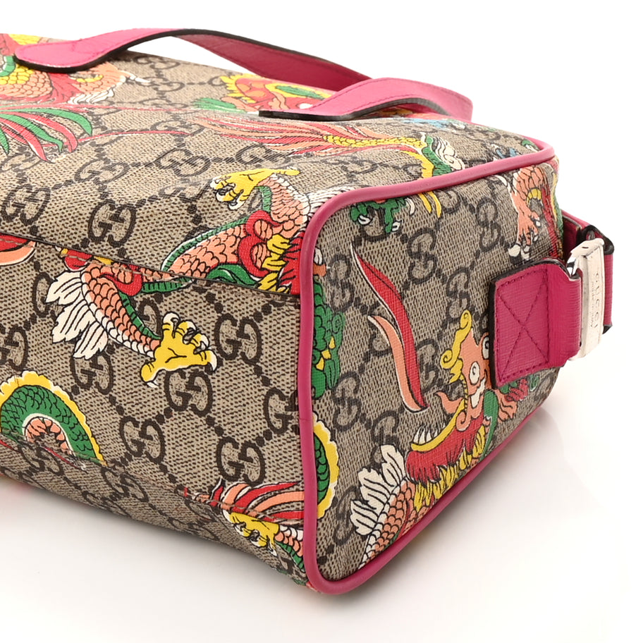 Gucci GG Supreme Monogram Web Textured Dollar Calfskin Dragon Bowling Bag Pink Image 8