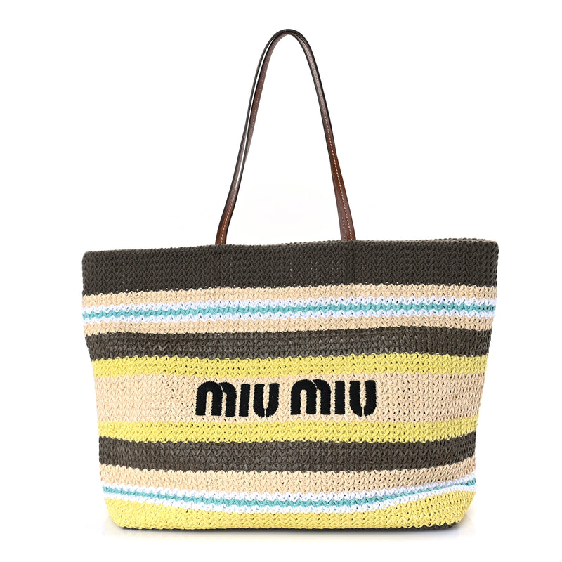  Miu Miu Raffia Crochet Stripe Tote Bag Tundra Limone Natural