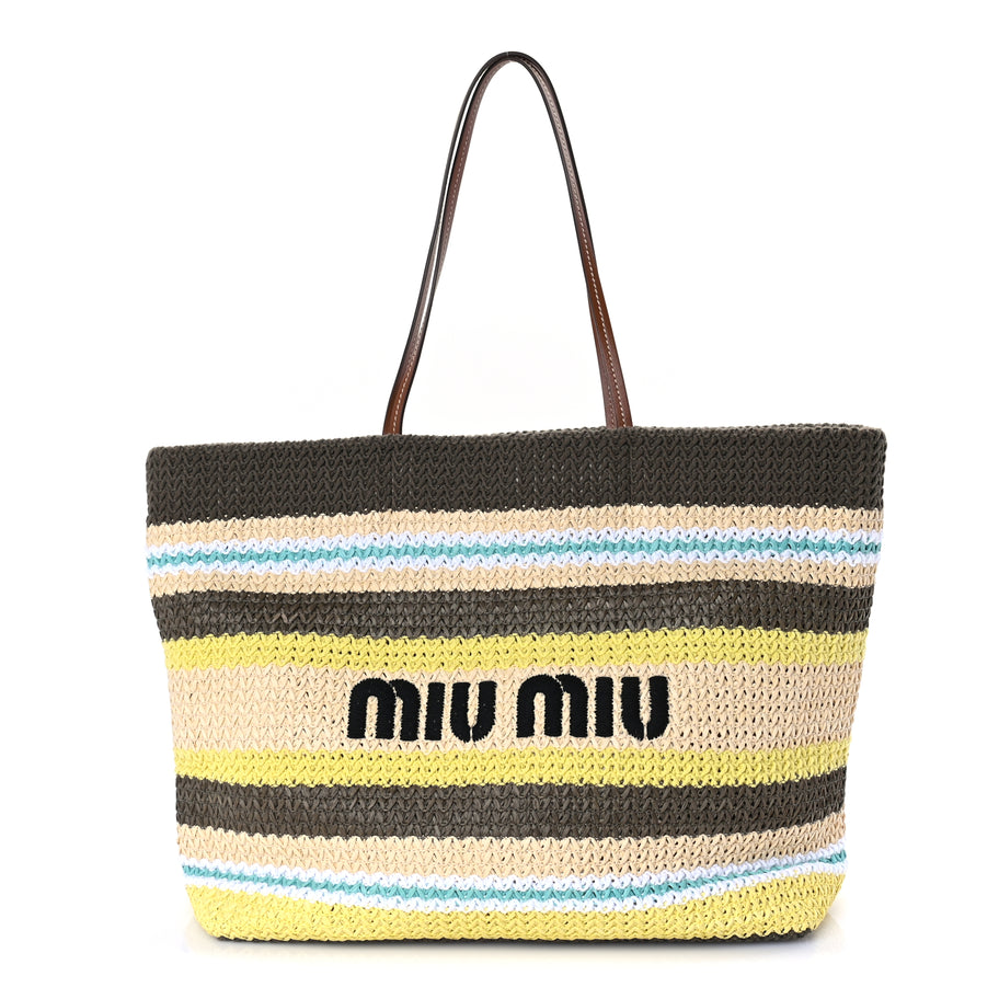 Miu Miu Raffia Crochet Stripe Tote Bag Tundra Limone Natural Image 1