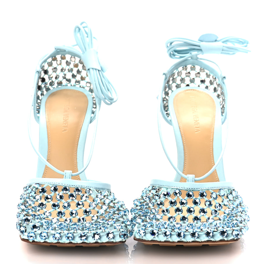 Bottega Veneta  Mesh Nappa Crystal Embellished Sparkle Stretch Ankle Tie Sandals Pale Blue Image 2