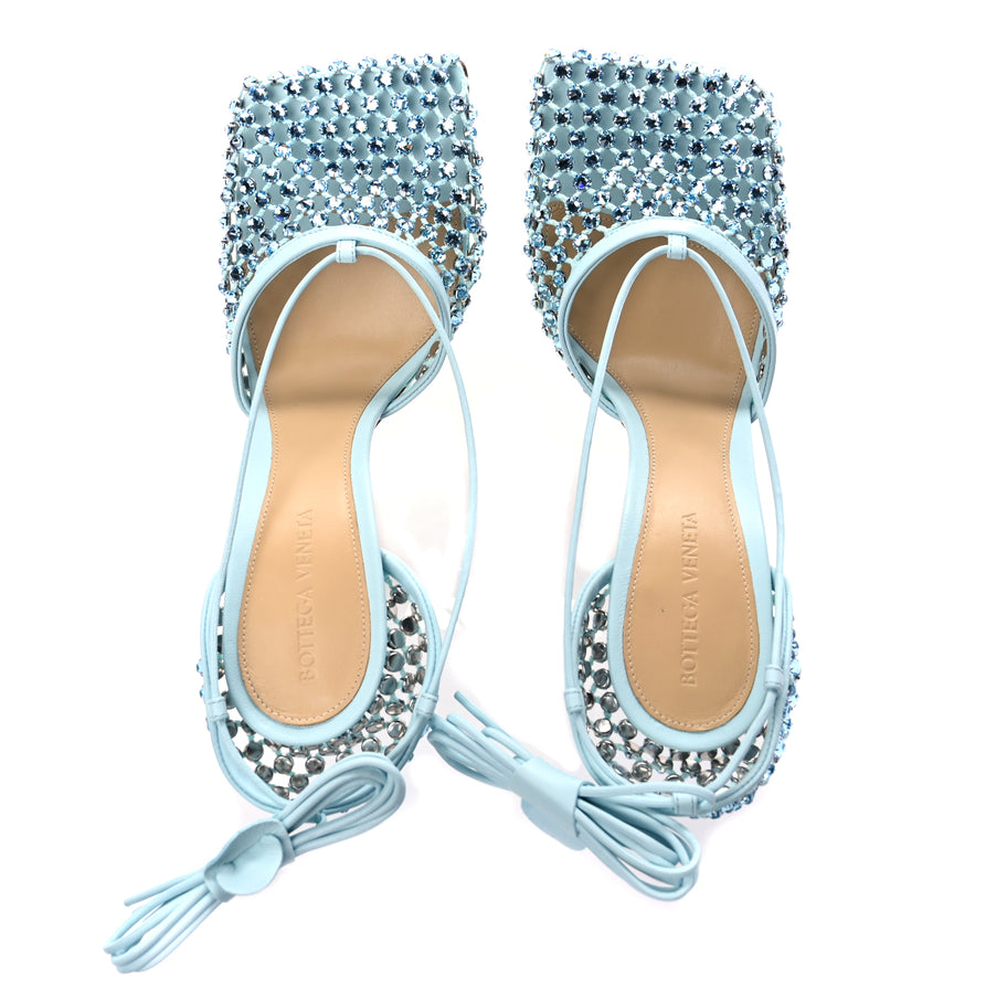 Bottega Veneta  Mesh Nappa Crystal Embellished Sparkle Stretch Ankle Tie Sandals Pale Blue Image 3
