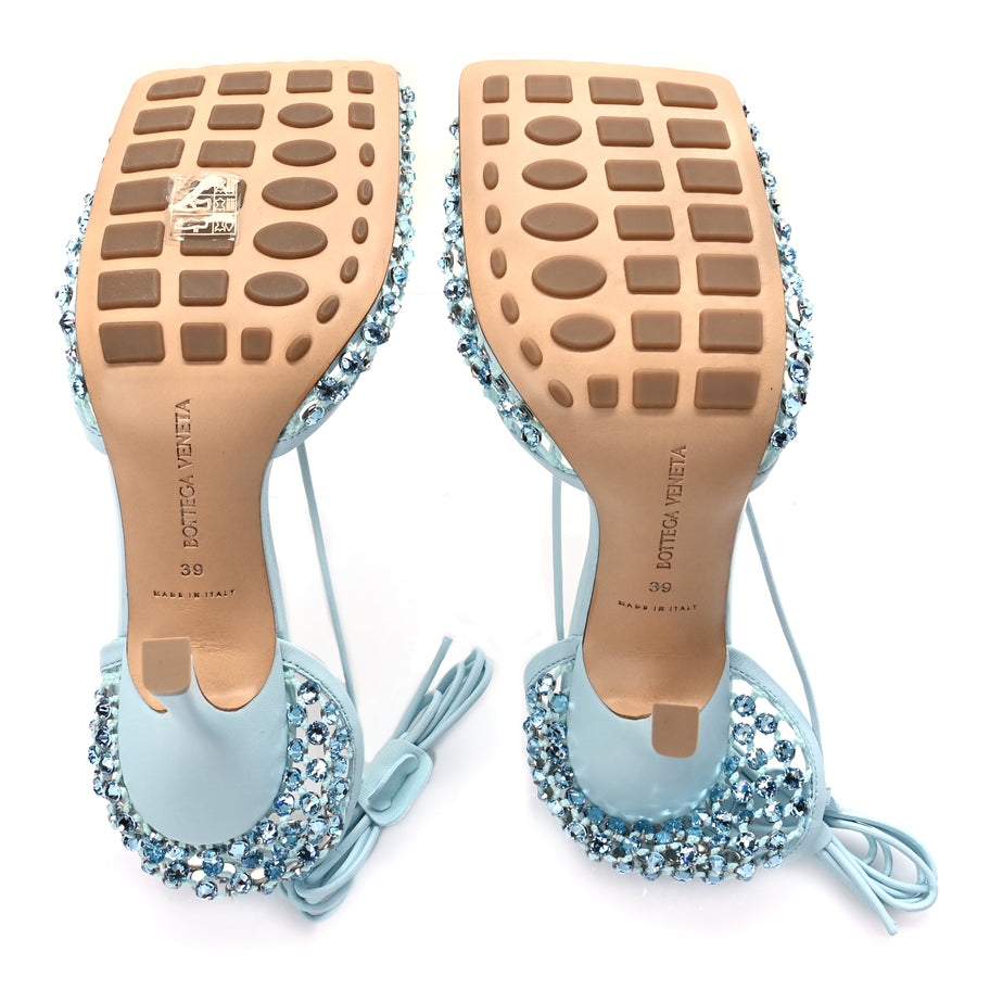 Bottega Veneta  Mesh Nappa Crystal Embellished Sparkle Stretch Ankle Tie Sandals Pale Blue Image 4