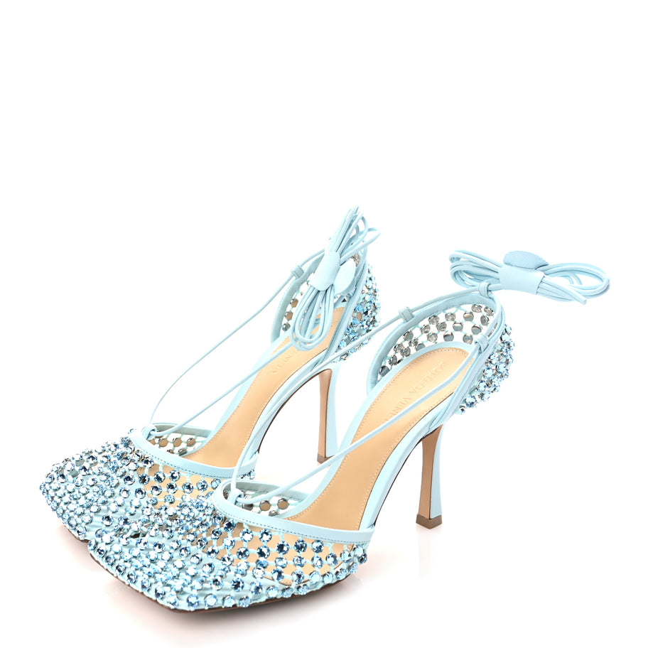 Bottega Veneta  Mesh Nappa Crystal Embellished Sparkle Stretch Ankle Tie Sandals Pale Blue Image 5
