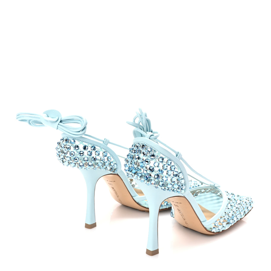 Bottega Veneta  Mesh Nappa Crystal Embellished Sparkle Stretch Ankle Tie Sandals Pale Blue Image 6