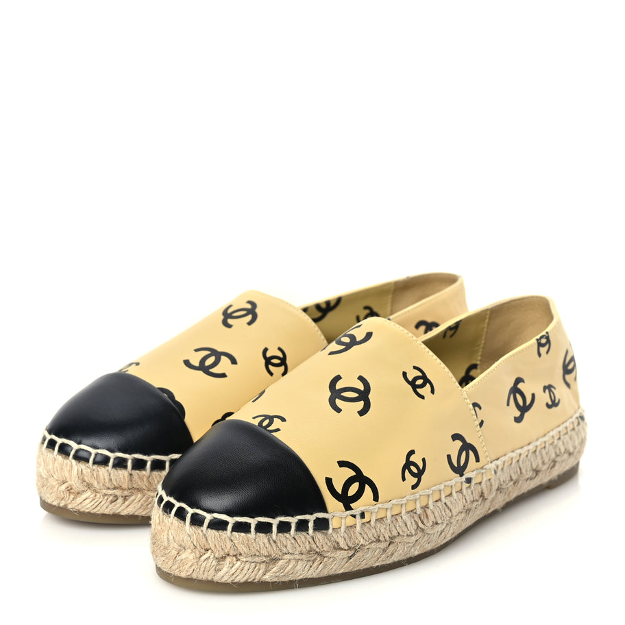 Chanel Lambskin Printed Coco Beach Espadrilles 38 Beige Black Image 4