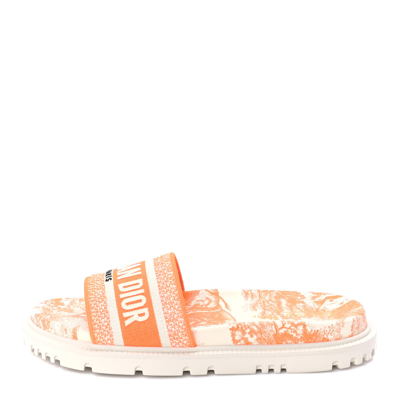  Christian Dior Canvas Fluo Toile de Jouy Embroidered Dway 10mm Slide Sandals 39  White Orange