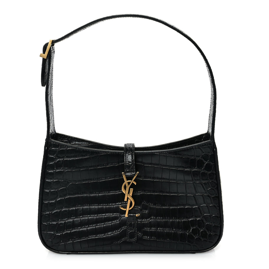 Saint Laurent Calfskin Crocodile Embossed Le 5 A 7 Hobo Black Image 1