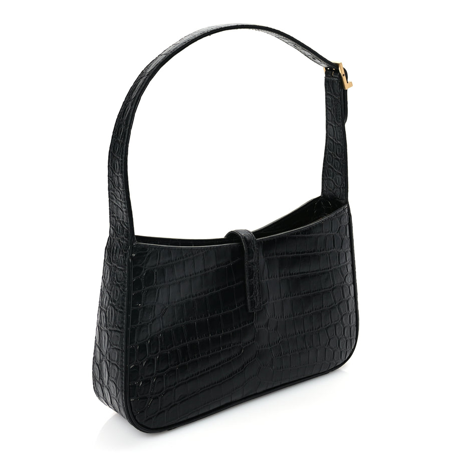 Saint Laurent Calfskin Crocodile Embossed Le 5 A 7 Hobo Black Image 2