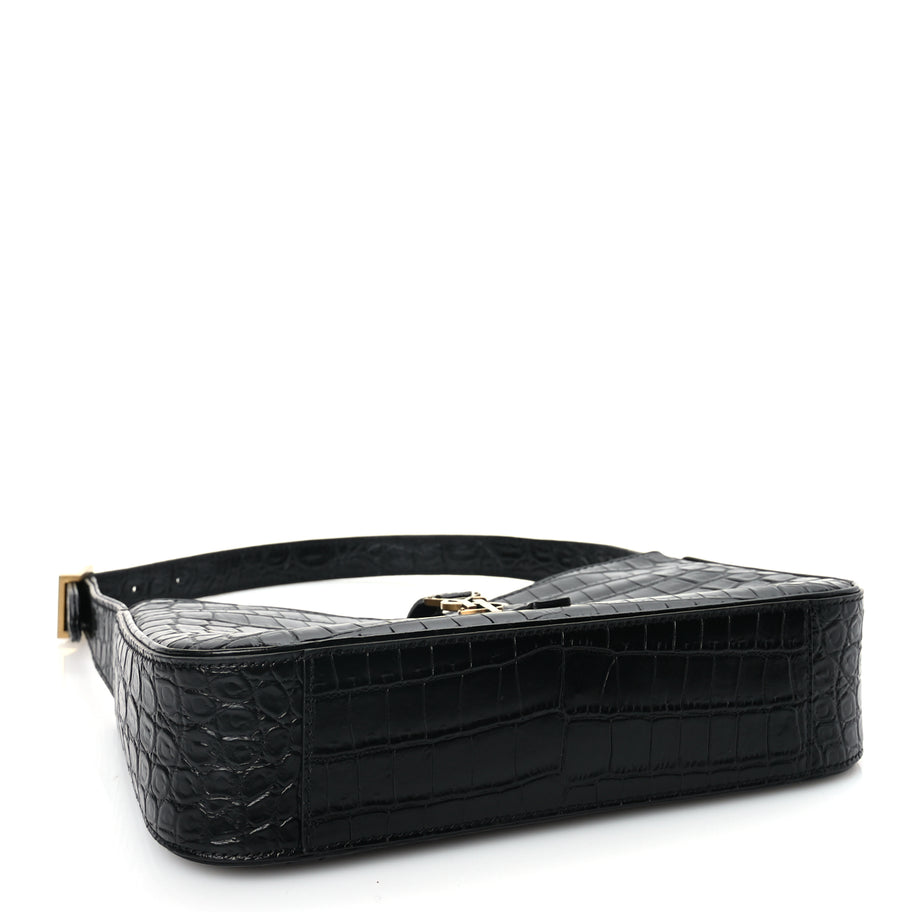 Saint Laurent Calfskin Crocodile Embossed Le 5 A 7 Hobo Black Image 3