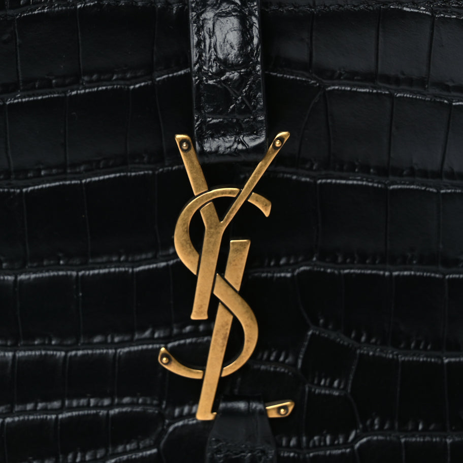Saint Laurent Calfskin Crocodile Embossed Le 5 A 7 Hobo Black Image 6