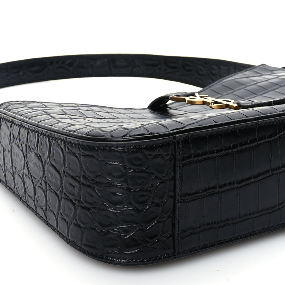 Saint Laurent Calfskin Crocodile Embossed Le 5 A 7 Hobo Black Image 7