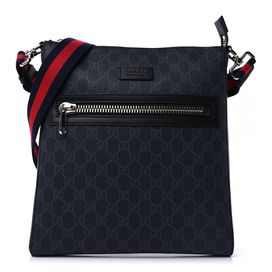 Gucci GG Supreme Monogram Appia Calfskin Web Flat Messenger Bag Black Grey Image 1
