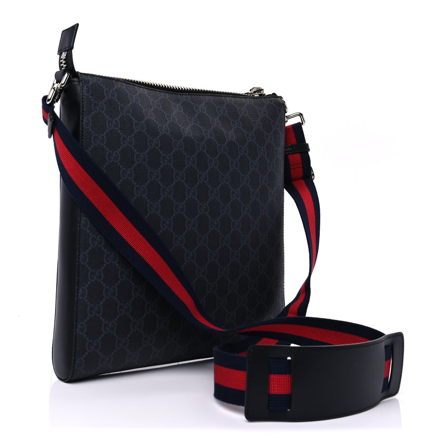 Gucci GG Supreme Monogram Appia Calfskin Web Flat Messenger Bag Black Grey Image 2