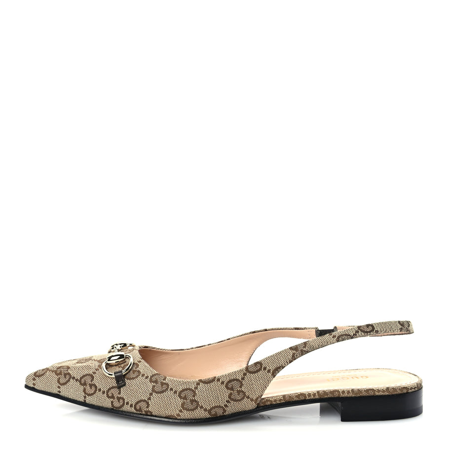 Gucci Monogram Horsebit Womens Slingback Ballet Flat 39  Beige Ebony Cocoa Image 1