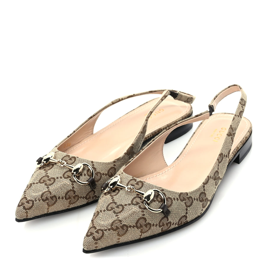 Gucci Monogram Horsebit Womens Slingback Ballet Flat 39  Beige Ebony Cocoa Image 2