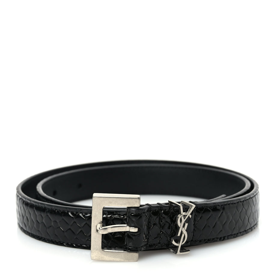 Saint Laurent Calfskin Crocodile Embossed Monogram Square Buckle Belt 75 30 Black Image 1
