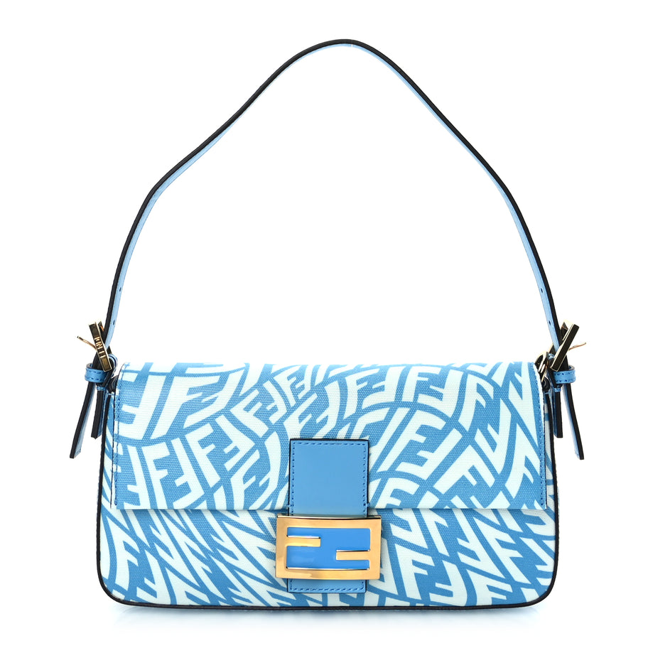 Fendi X SARAH COLEMAN Glazed Canvas Vitello King FF Vertigo Baguette 1997  Cyber Blue White Image 1