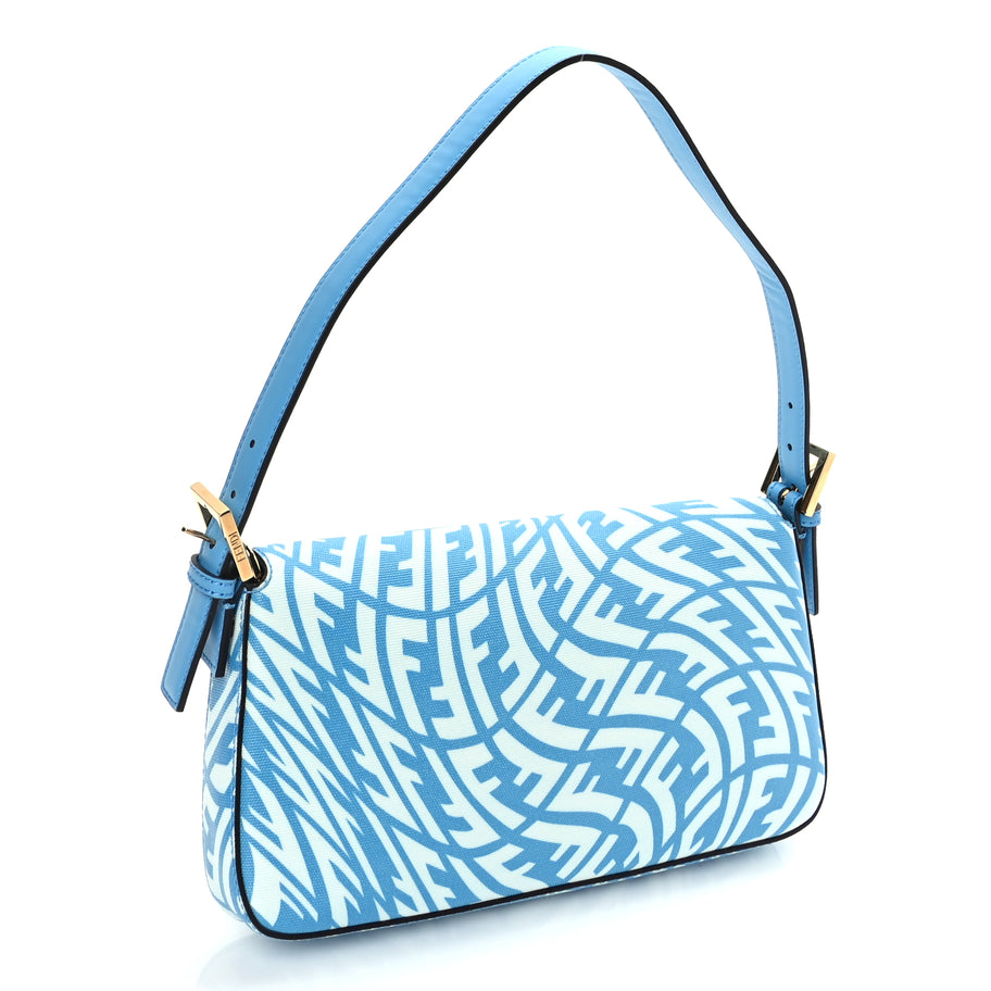 Fendi X SARAH COLEMAN Glazed Canvas Vitello King FF Vertigo Baguette 1997  Cyber Blue White Image 2