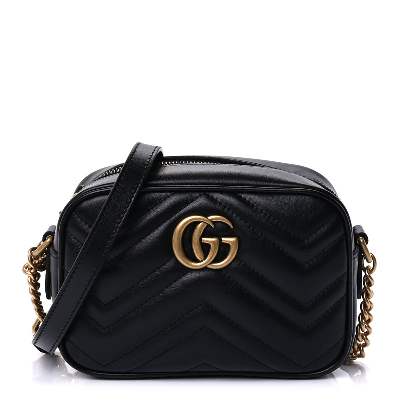  Gucci Calfskin Matelasse Mini GG Marmont Chain Shoulder Bag  Black