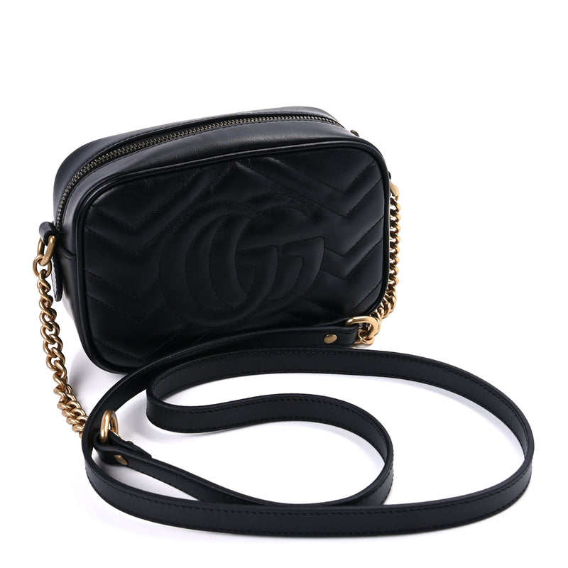  Gucci Calfskin Matelasse Mini GG Marmont Chain Shoulder Bag  Black