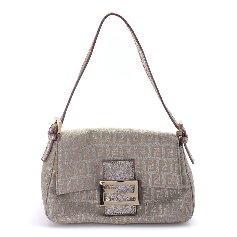  Fendi Metallic Jacquard Zucchino Suede Mini Mama Baguette  Cipria Argento Grigio