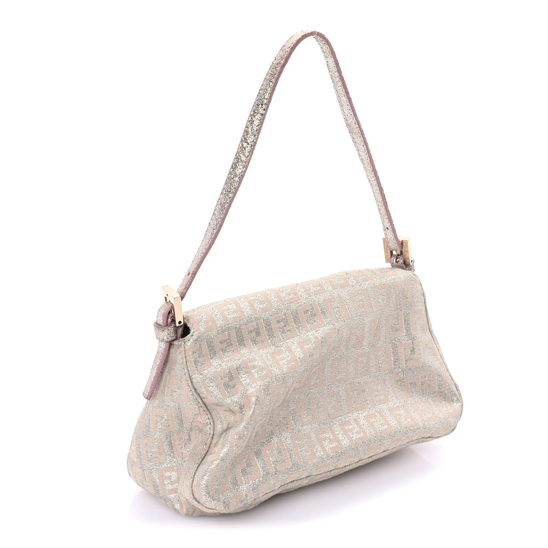  Fendi Metallic Jacquard Zucchino Suede Mini Mama Baguette  Cipria Argento Grigio