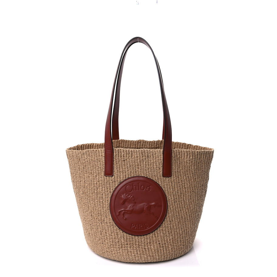 Chloe Raffia Calfskin Horse Medal Large Basket Tote  Sepia Brown Image 1