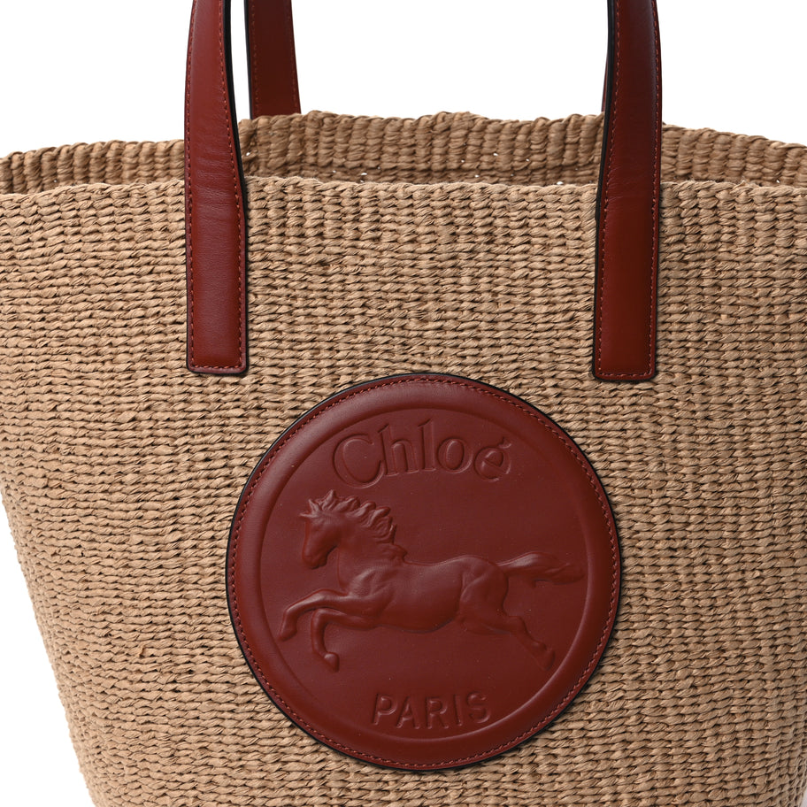 Chloe Raffia Calfskin Horse Medal Large Basket Tote  Sepia Brown Image 6