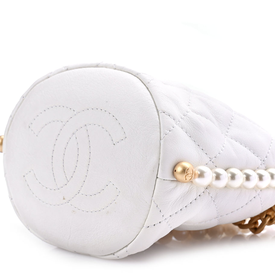 Chanel Calfskin Quilted Pearl Mini About Pearls Drawstring Bucket Bag White Image 9