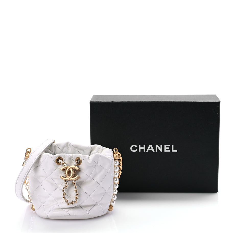 Chanel Calfskin Quilted Pearl Mini About Pearls Drawstring Bucket Bag White Image 10