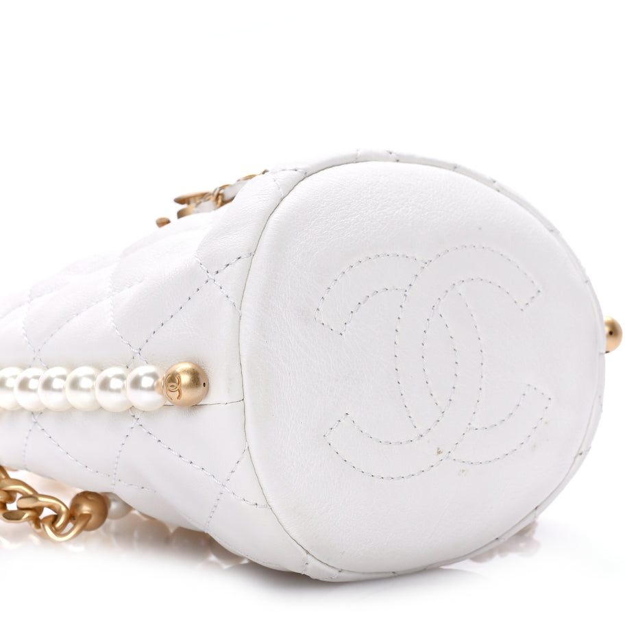 Chanel Calfskin Quilted Pearl Mini About Pearls Drawstring Bucket Bag White Image 8