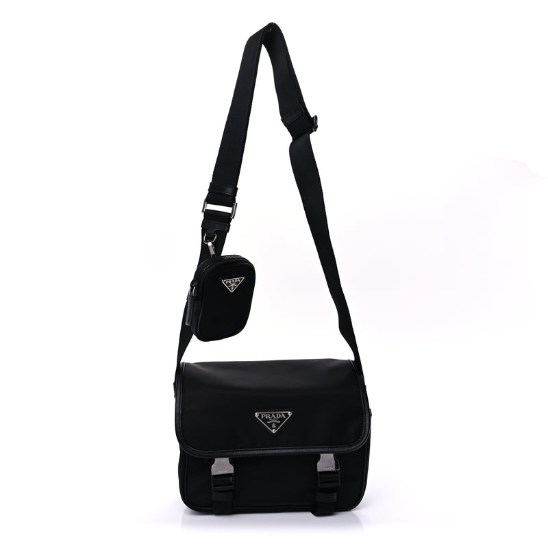  Prada Re-Nylon Saffiano Pocket Double Snap Buckle Shoulder Bag Black