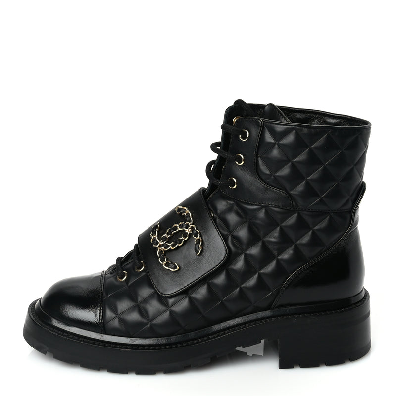  Chanel Shiny Calfskin Quilted Lace Up Combat Boots 39 Black